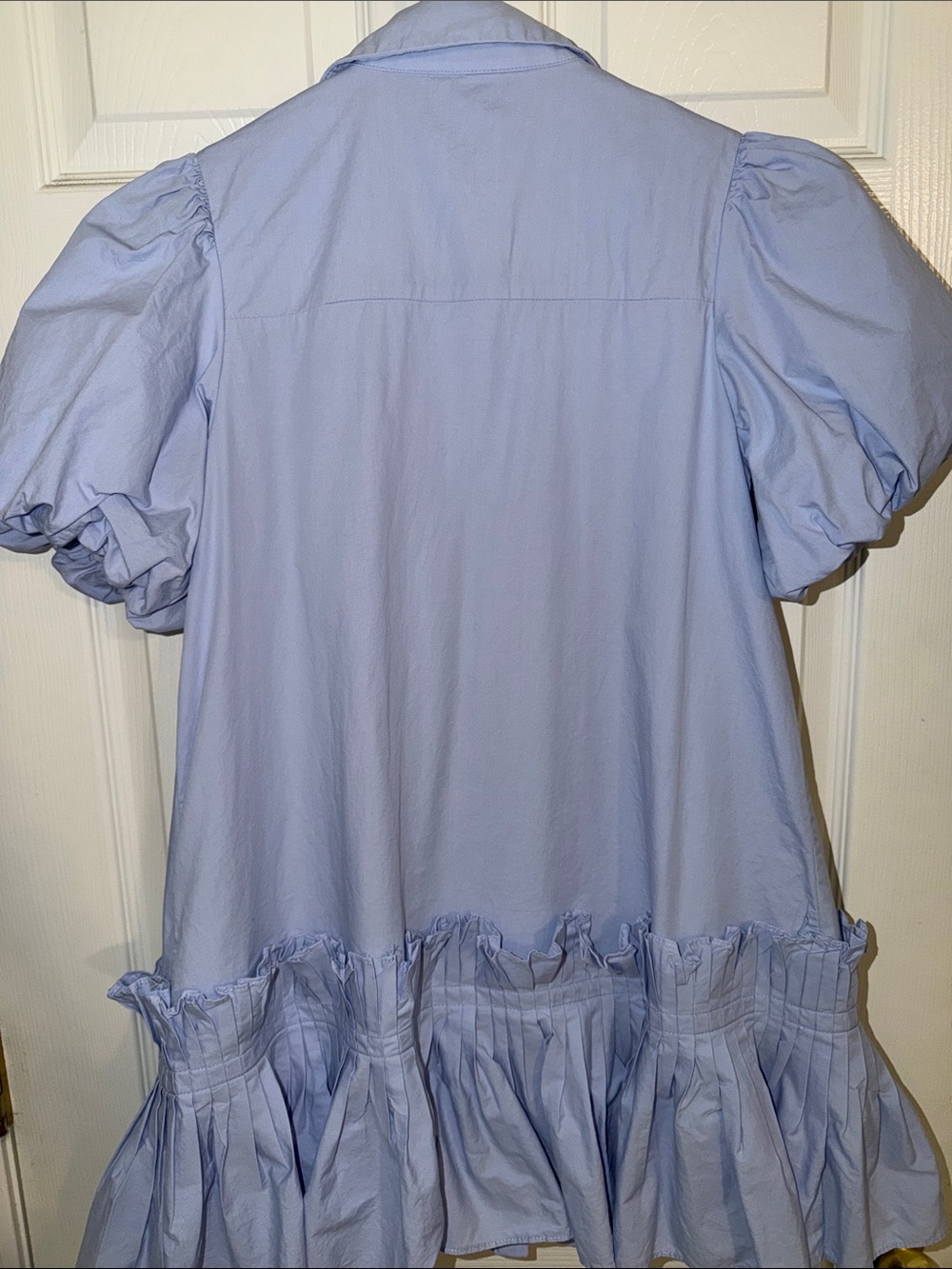 Aureum Blue Cotton Puff Sleeve Drop Waist Pleated Ruffle Mini Shirt Dress XS EUC - Picture 8 of 10